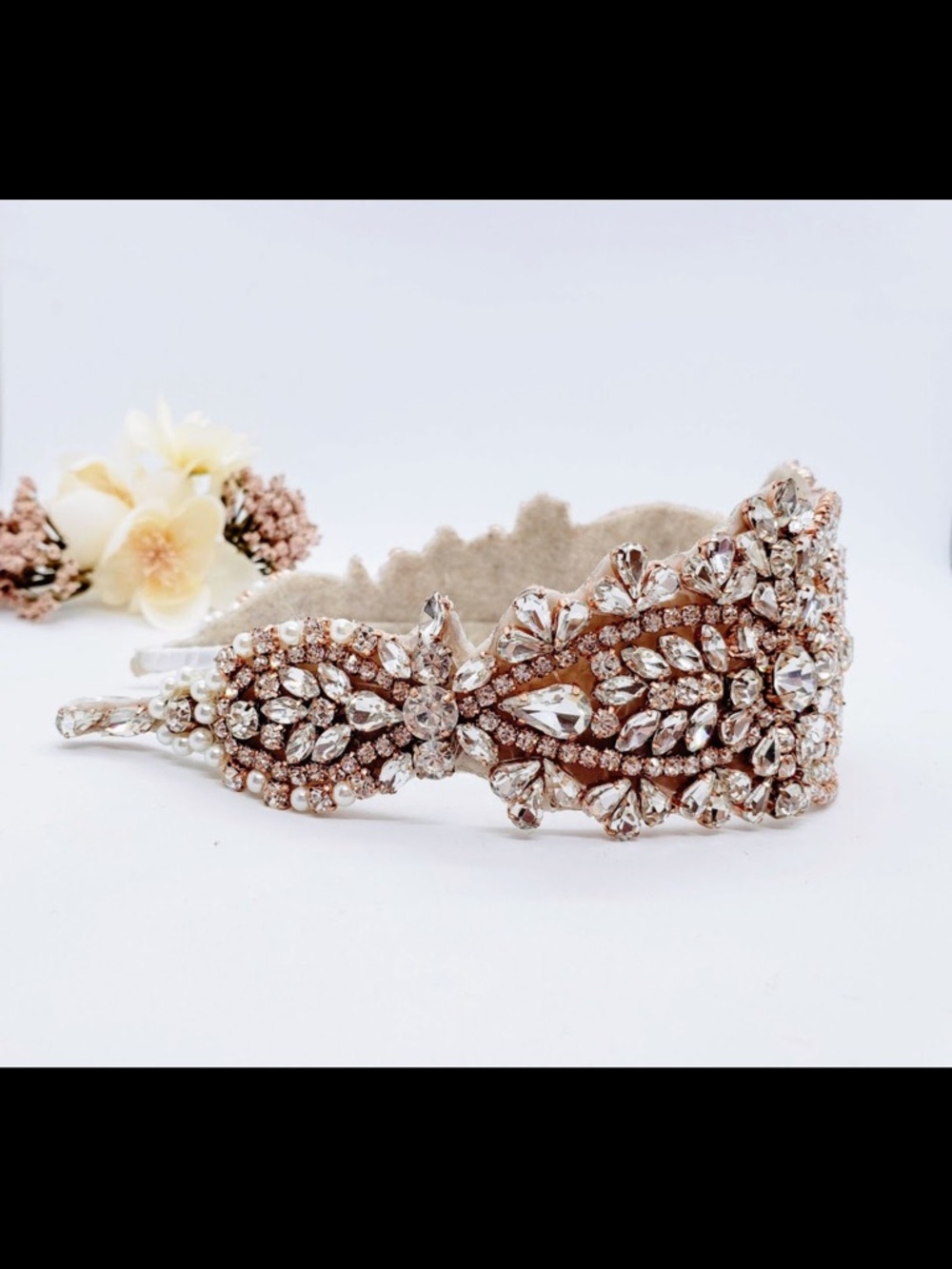 Rose Gold Bridal Crown: Rhinestone & Pearl Tiara Headband - Picture 6 of 10